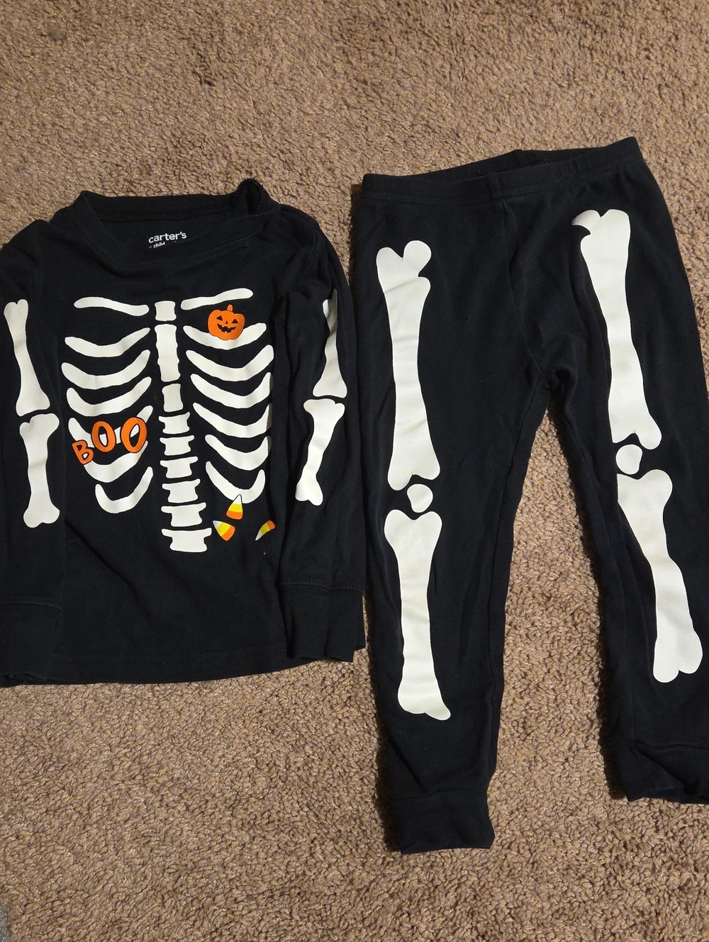 Carter's Black & White Skeleton Halloween Pajama Set with Orange Accents